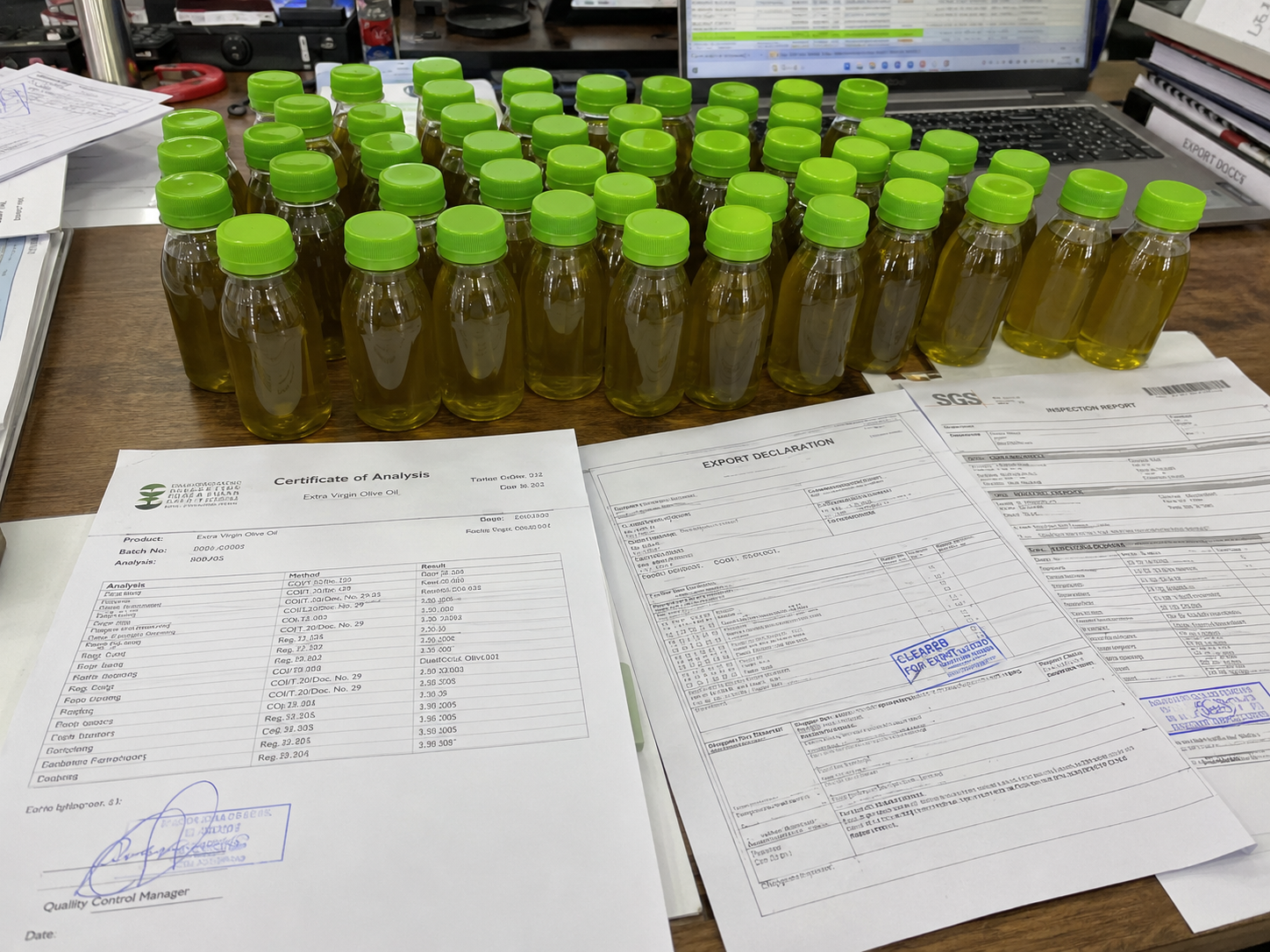 Olive oil samples with certificate of analysis and export documents